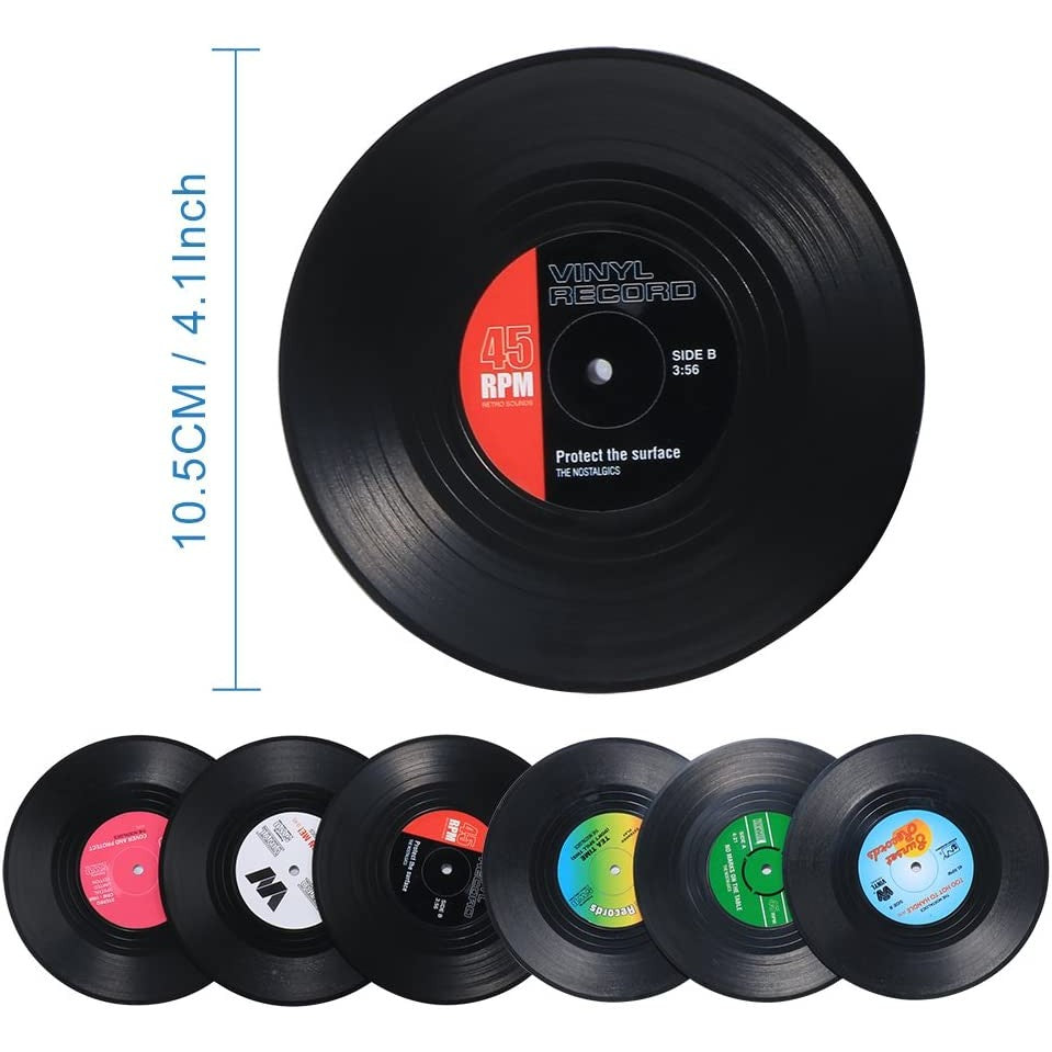 Size measurement for a set of vinyl record coasters. Each coaster measures 4.1 inches in diameter.