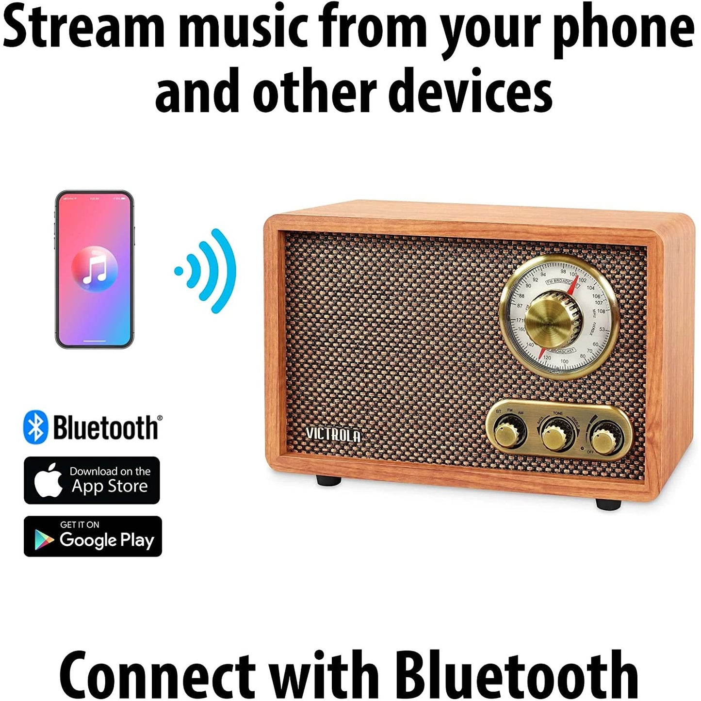 A vintage style AM/FM radio which connects with Bluetooth. The text reads, "Stream music from your phone and other devices."