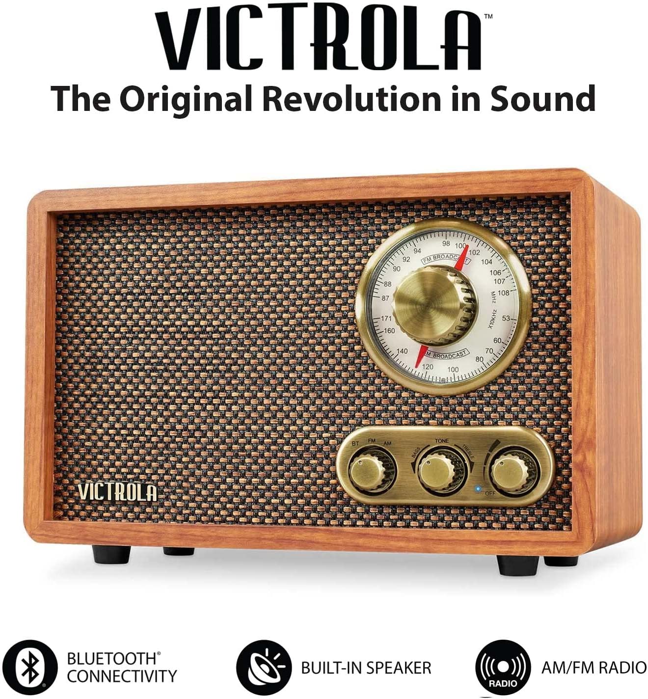 An old school vintage style radio with modern technology. The text reads, "Victrola, the original revolution in sound. Bluetooth connectivity, built in speaker, AM/FM radio."