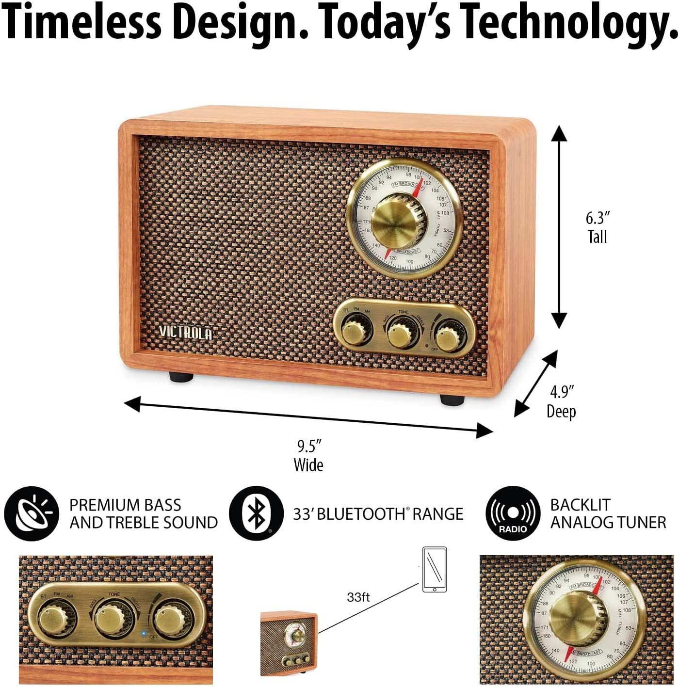 Dimensions and sizing for a wooden retro bluetooth radio. It measures, "9.5 inches wide, 4.9 inches deep and 6.3 inches tall. There is also text which reads, "Premium bass and tremble sound. Backlit analog tuner. 33 feet Bluetooth range." "