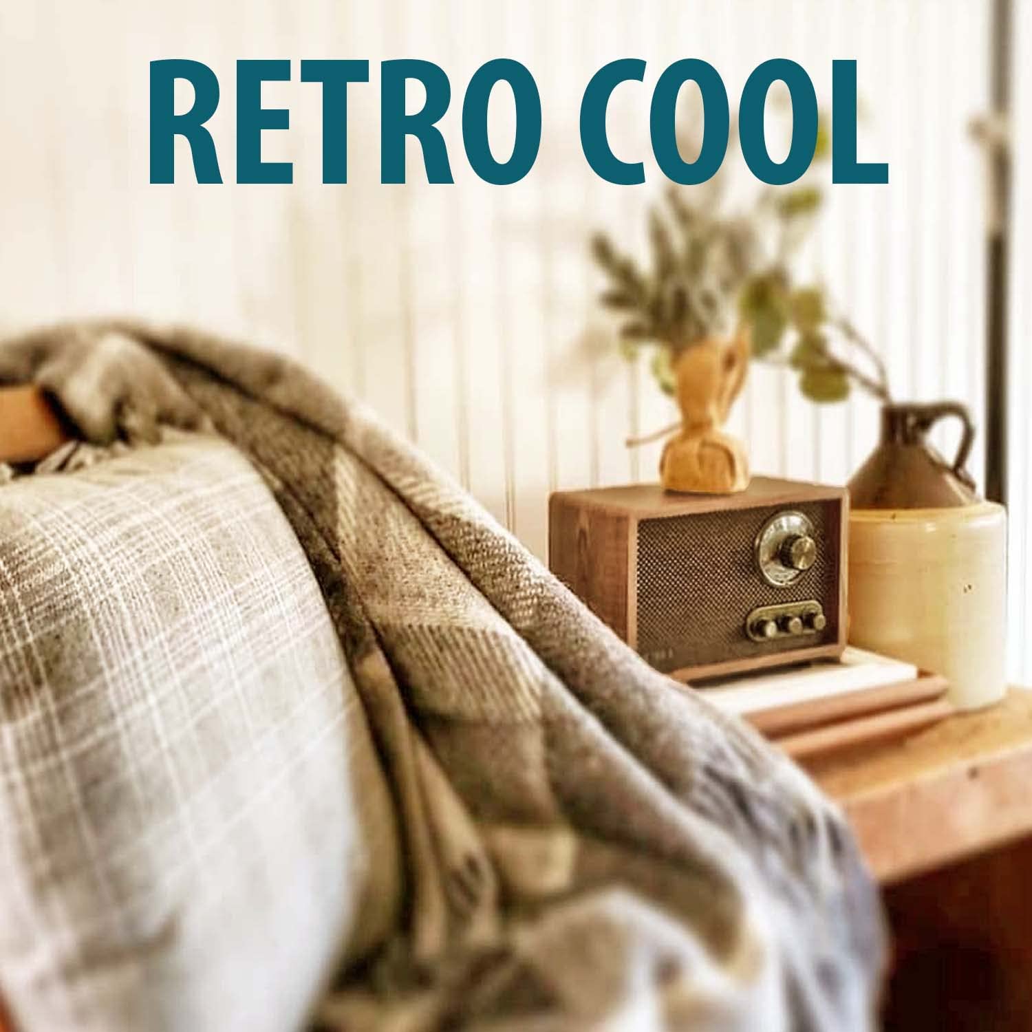 A wooden retro style Bluetooth radio on a table in someone's home. The text reads, "Retro Cool".