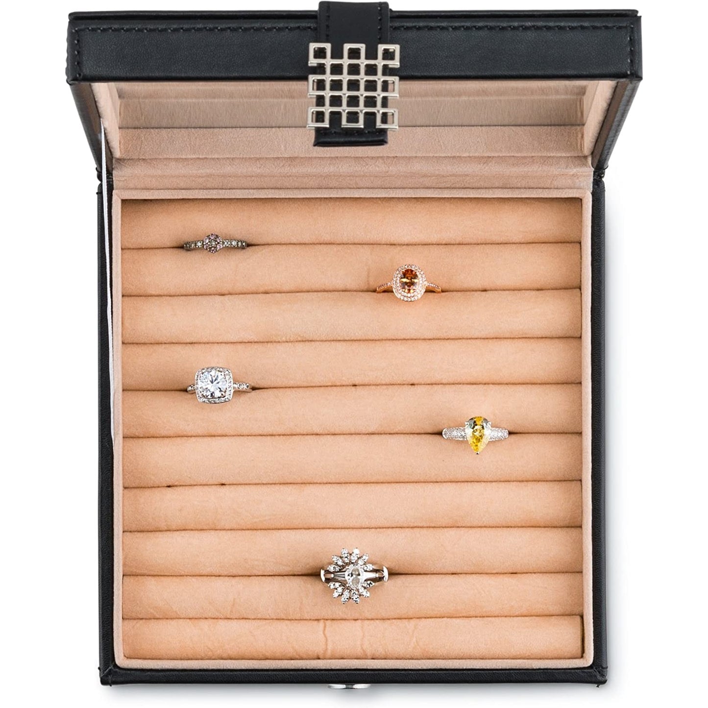 A view from above of a black ring box organizer with rings inside.
