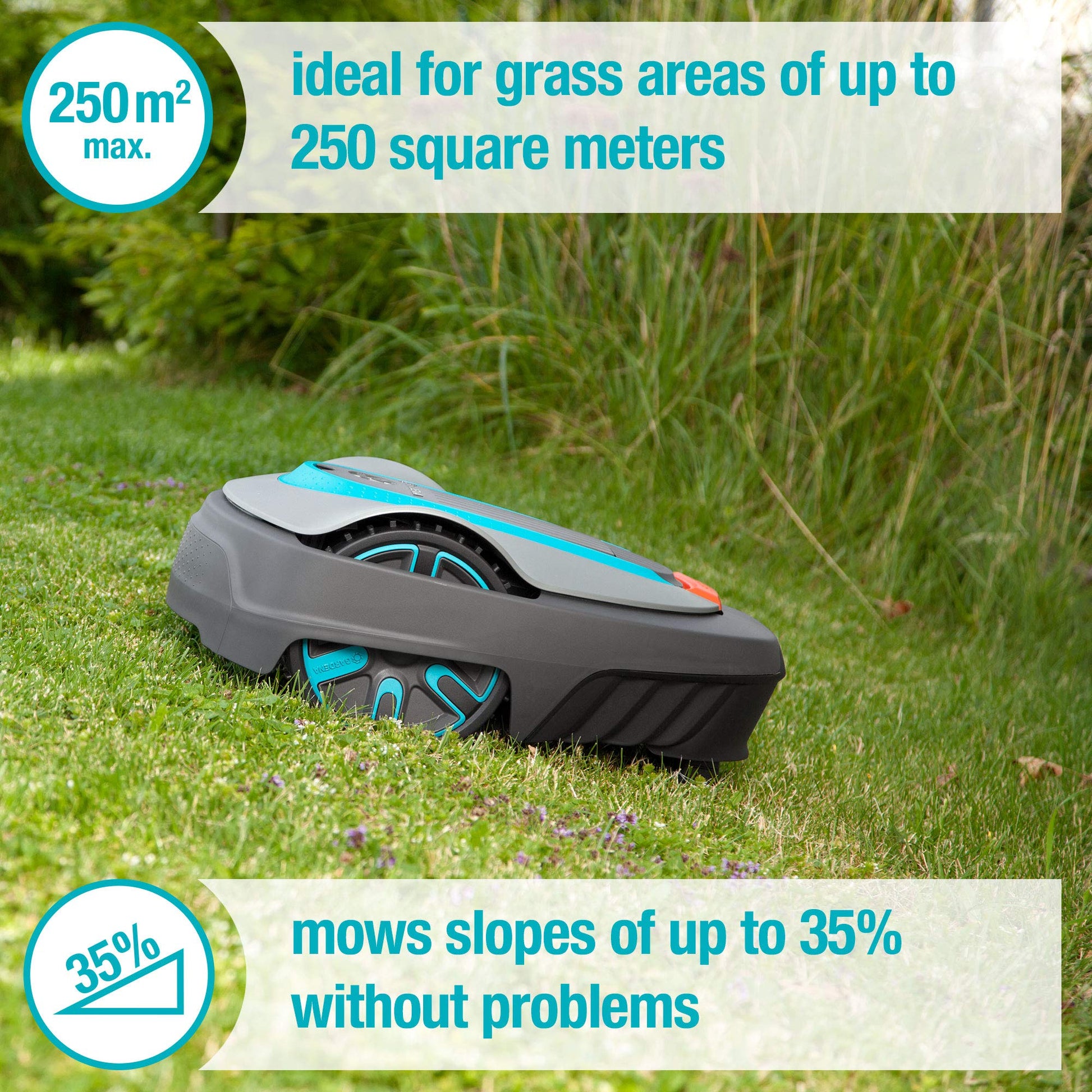 A robotic lawn mover with text stating some features of the robot.