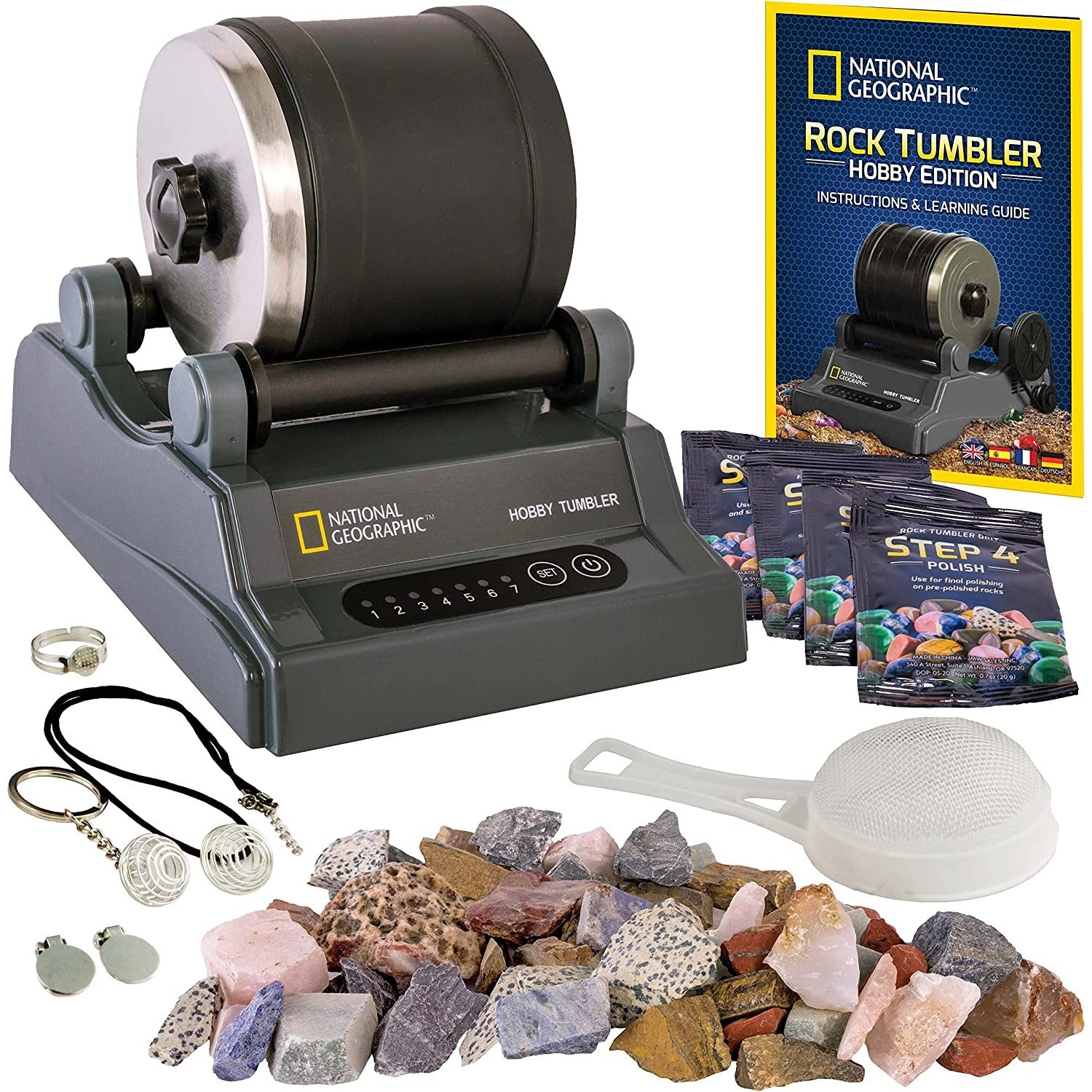 A rock tumbler kit by national Geographic and all the accessories that are included.