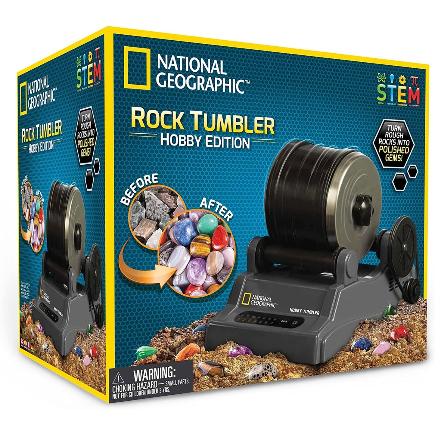 The box and packaging for a National Geographic rock tumbler kit.