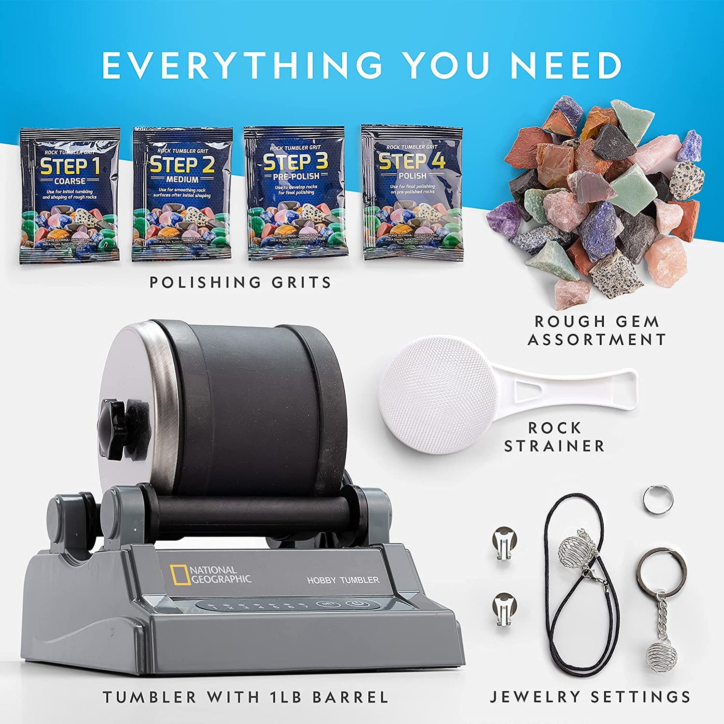 Product information for a rock tumbling kit. The text reads, 'Everything you need.' This includes polishing grits, rough gem assortment, rock strainer, tumbler with 1lb barrel and jewelry settings.