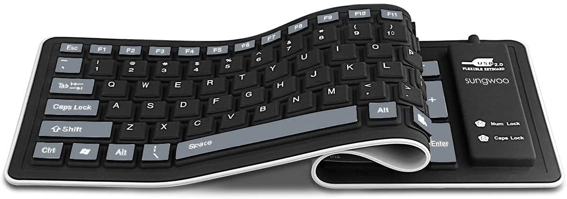 Foldable silicone keyboard bent in the middle to show its flexibility
