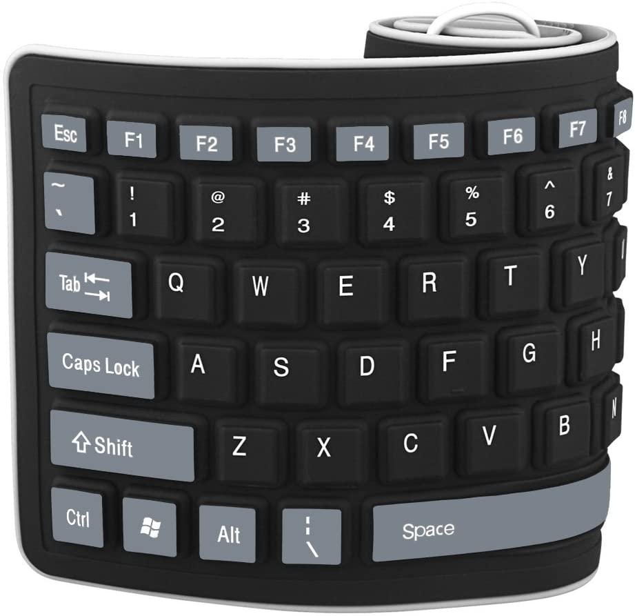 Front view of a silicone foldable keyboard half rolled up