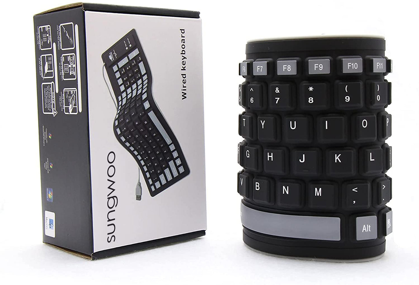 Box packaging and an example of a rolled up silicone foldable keyboard