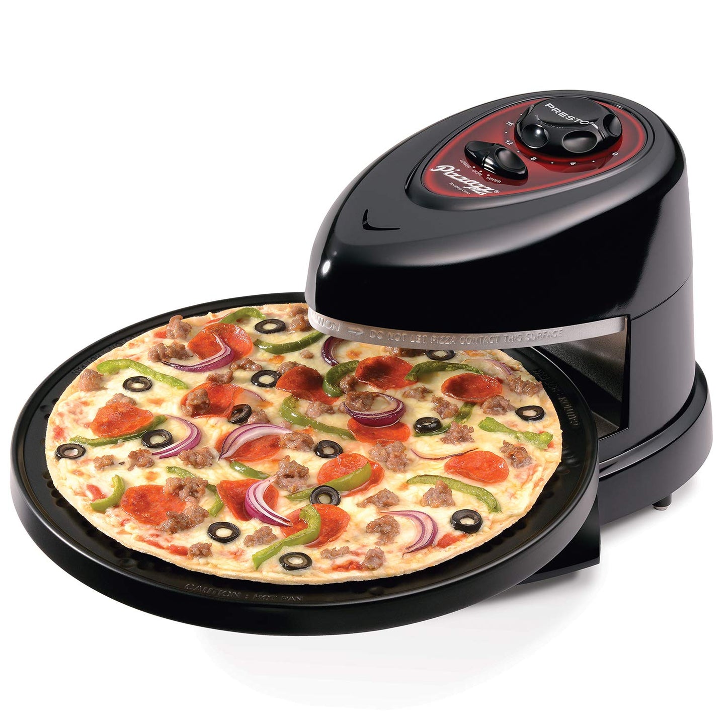 A Presto rotating pizza oven with a delicious fully cooked pizza on the tray.