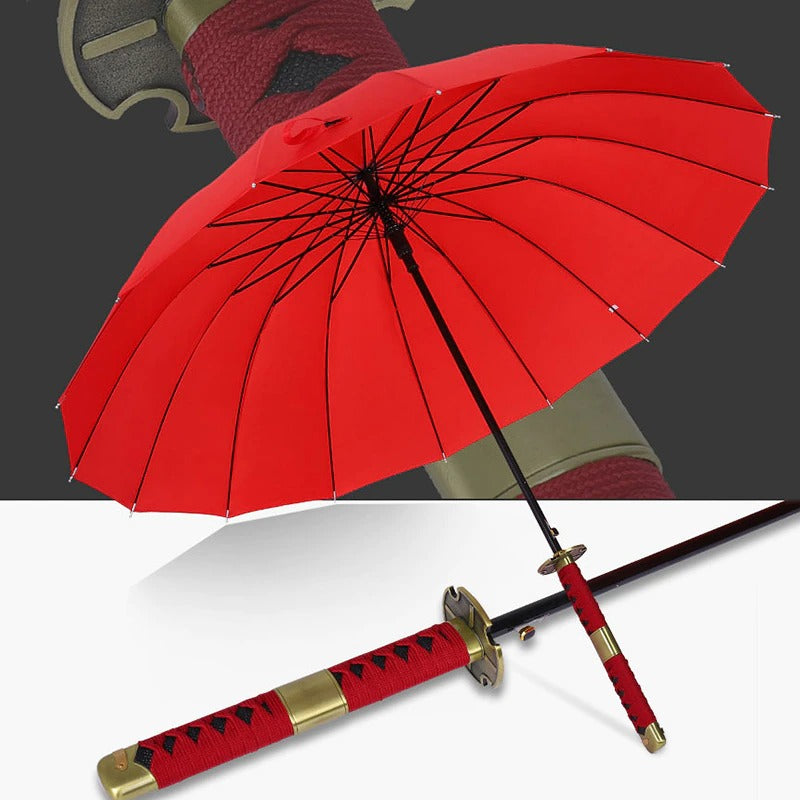 A red colored samurai sword umbrella. There are two images in this picture. One is a closeup of the handle which looks like a samurai sword. The other is of a red samurai sword umbrella opened up.