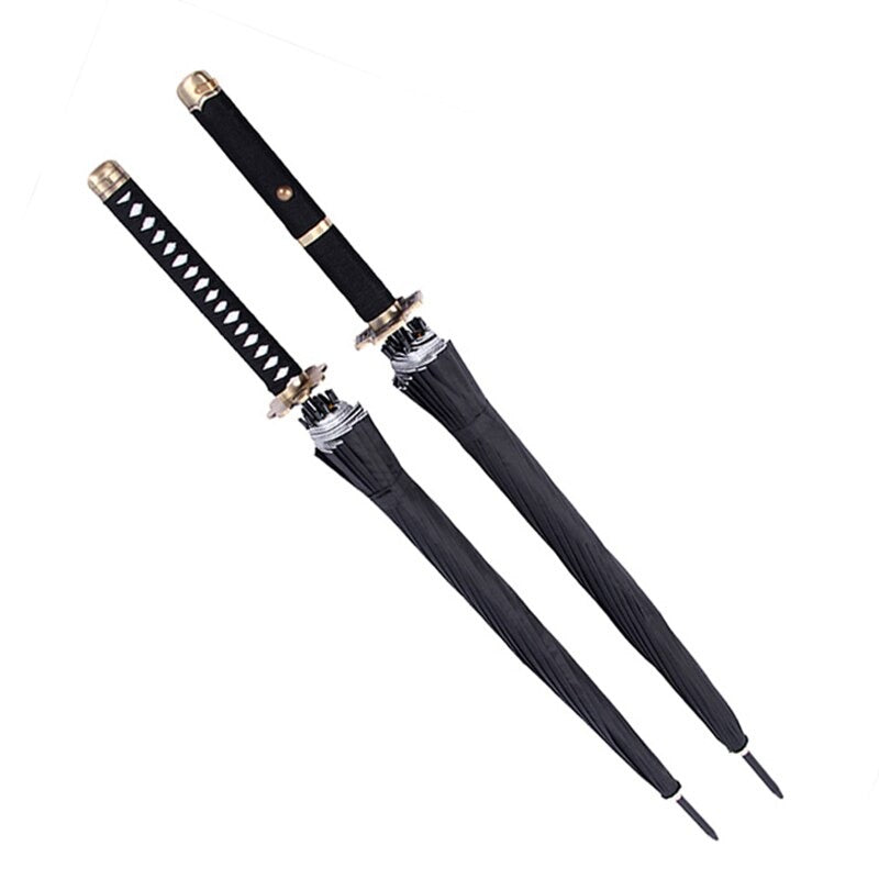 Two closed black samurai sword umbrellas.