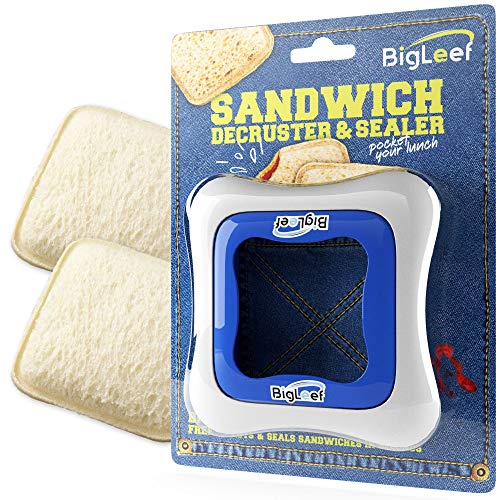 A sandwich decruster and sealer with two examples of decrusted and sealed sandwiches
