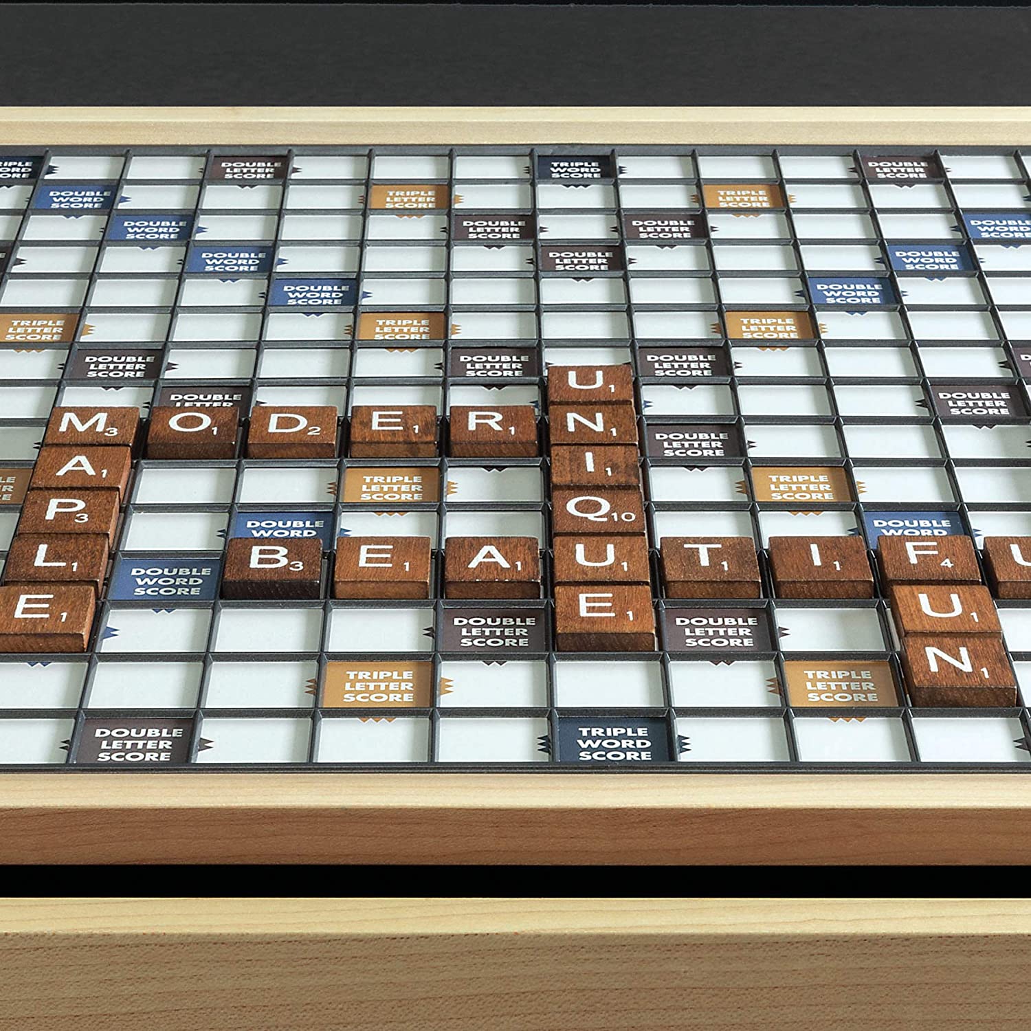 A close view of the board from the luxury maple wood edition of Scrabble.