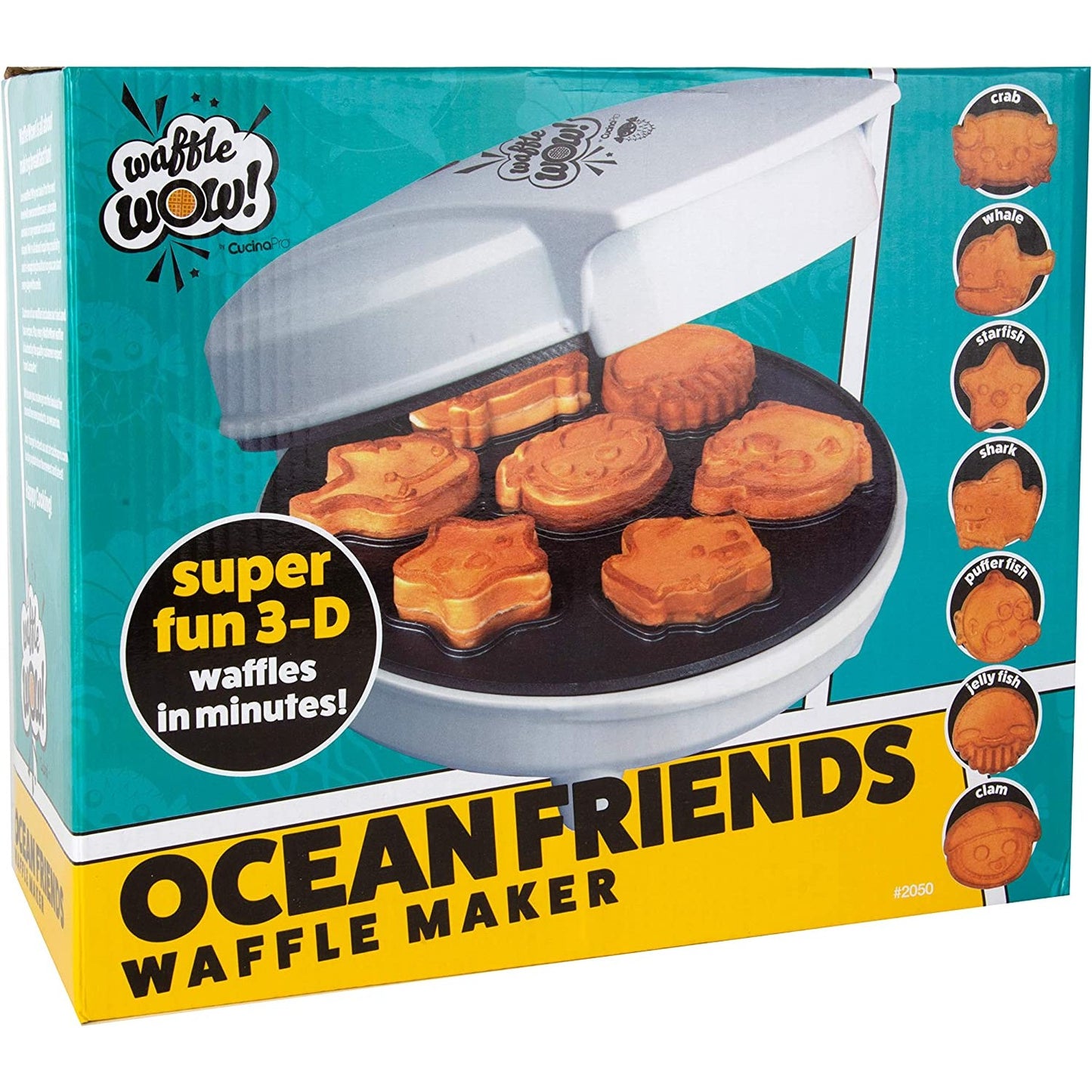 A box and packaging for a sea creature waffle maker. There is text which says, "Super fun 3D waffles in minutes. Ocean friends waffle maker."