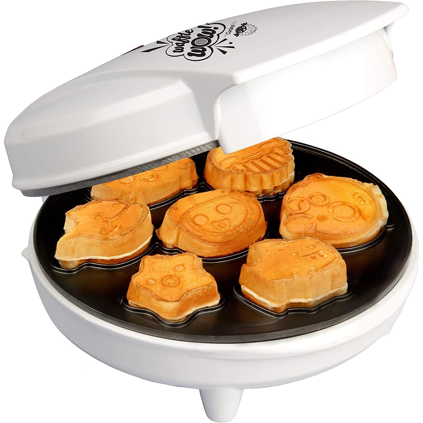 An electric waffle maker which makes sea creature shaped waffles for kids. There are ready-made waffles in the maker showing examples of the sea creatures the waffle maker can cook.
