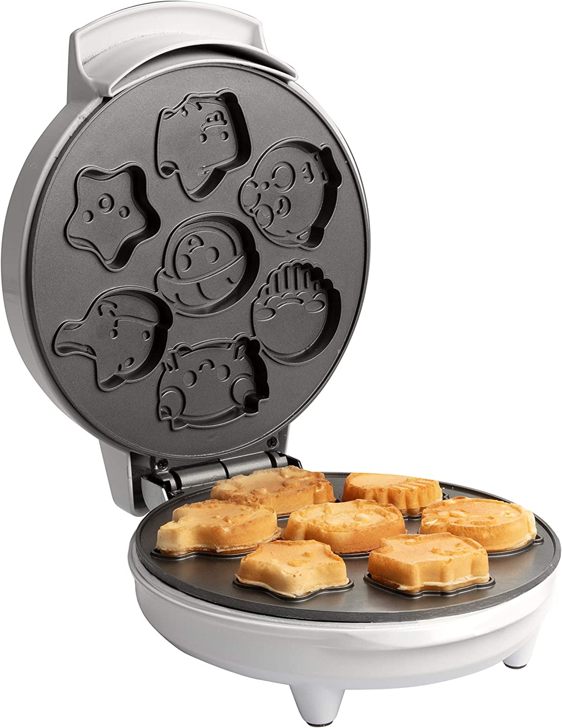 A waffle maker that makes sea creature shaped waffles. The waffle maker is open with 7 cooked sea creature shaped waffles inside the maker.