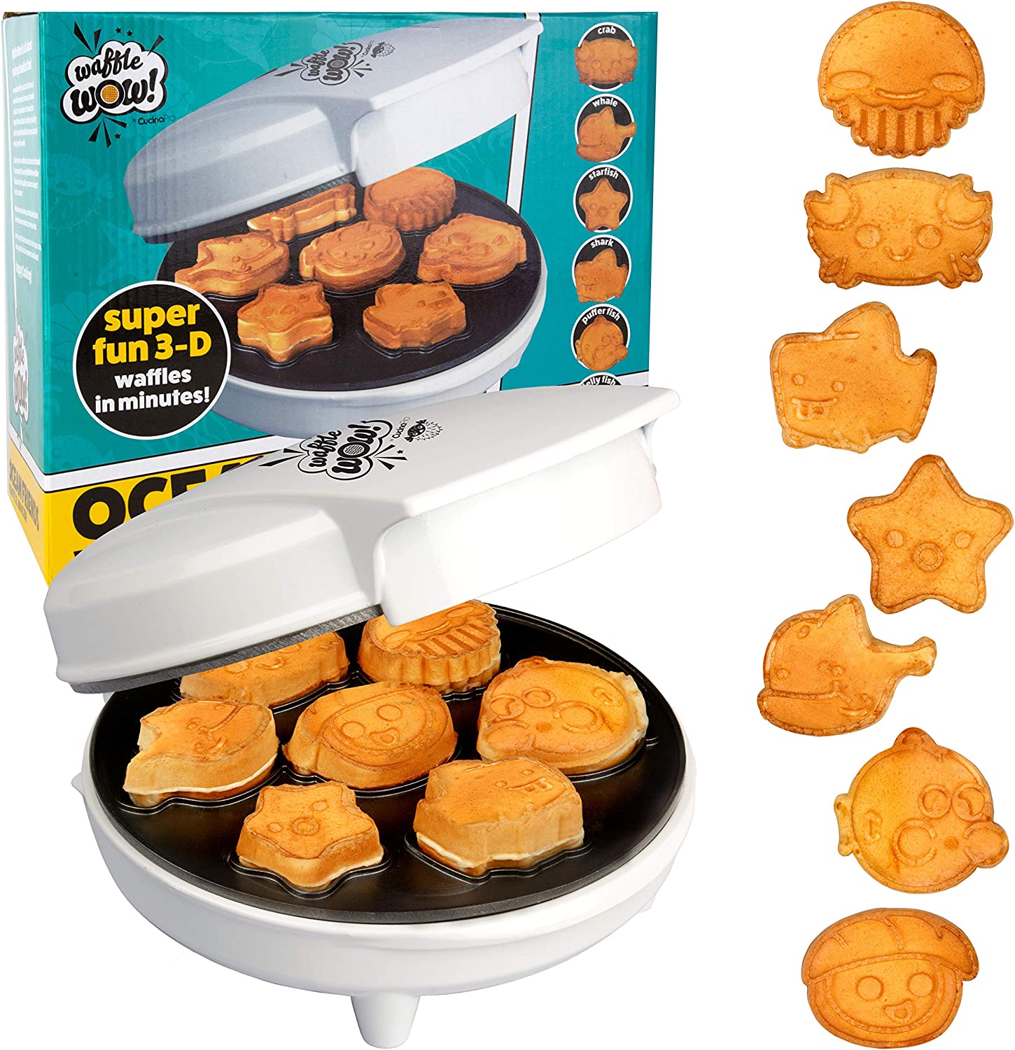 A sea creature waffle maker plus the box which the waffle maker comes in. There are 7 cooked examples of the waffles the machine makes next to the packaging and waffle maker itself.
