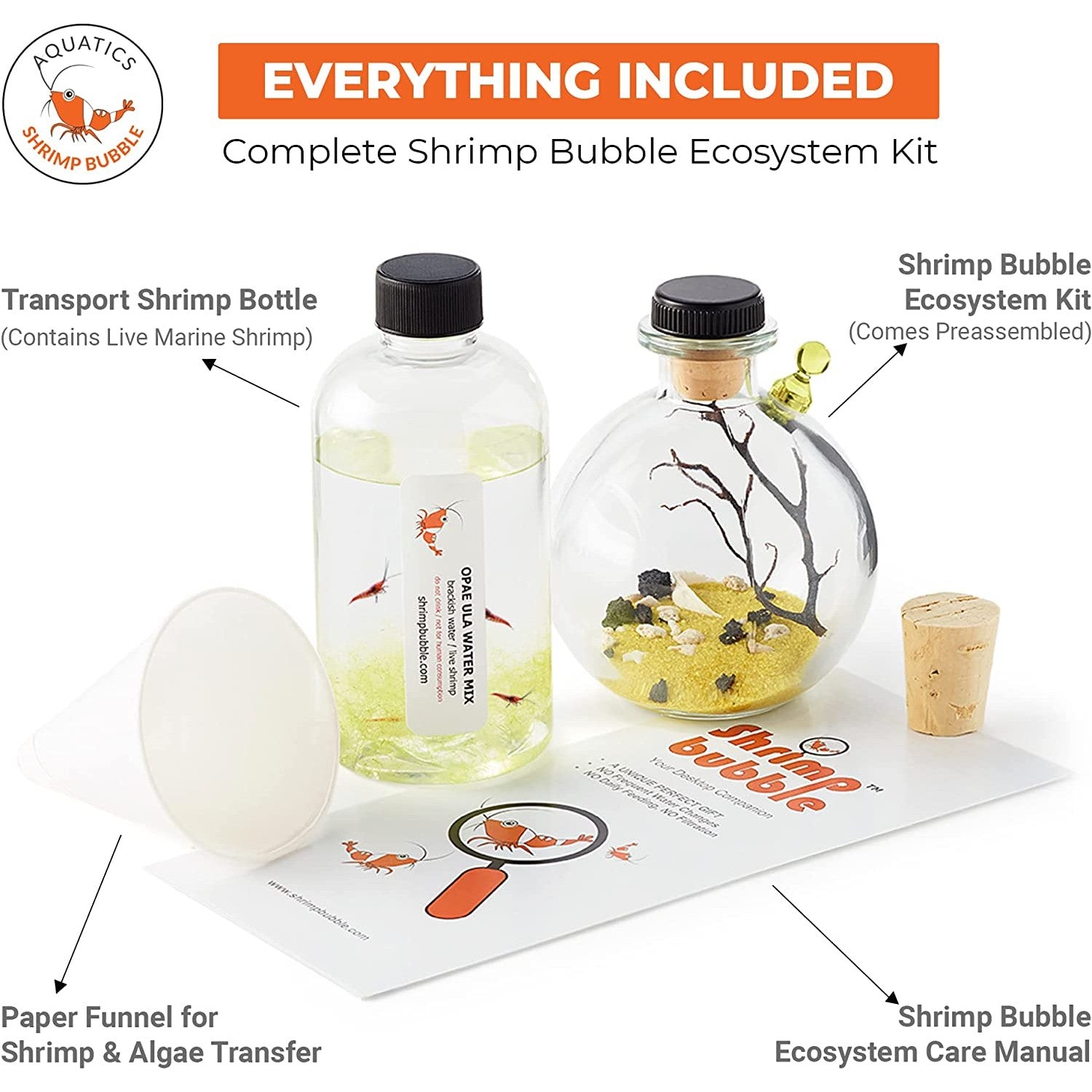 A shrimp bubble kit. There is text which says, 'Everything included. Complete shrimp bubble ecosystem kit.'