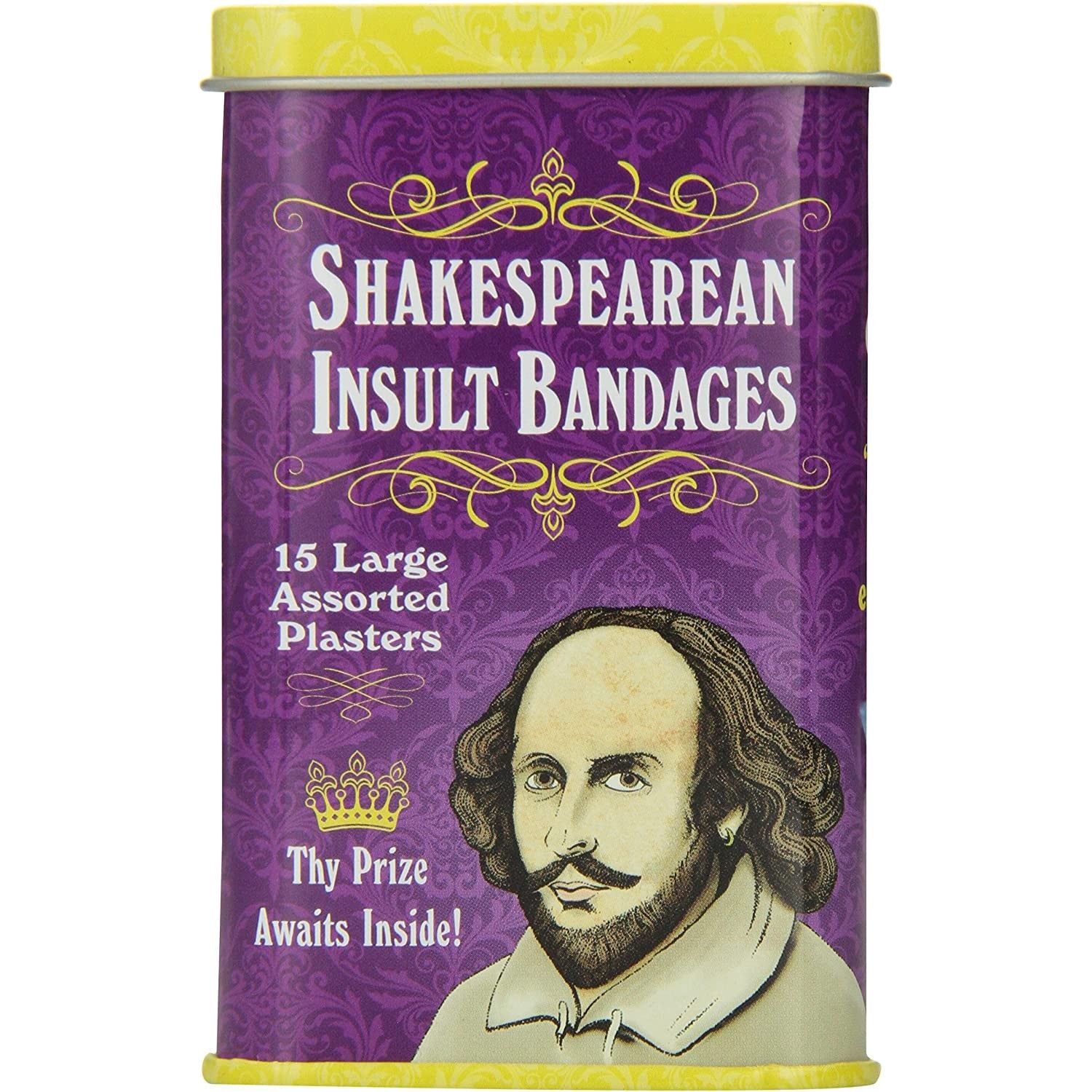 Shakespearean insult bandages in a purple colored metal tin. The text reads, 'Shakespearean insult bandages 15 large assorted plasters. Thy prize awaits inside!'