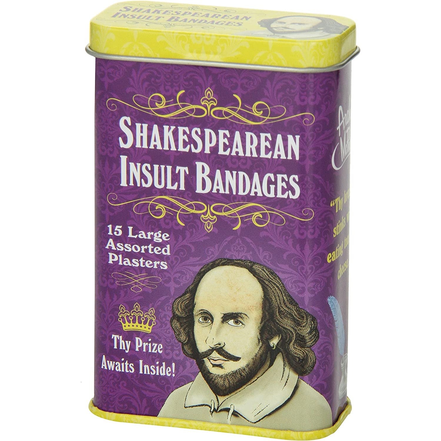 An angled view of the a Shakespearean insult bandages purple tin.
