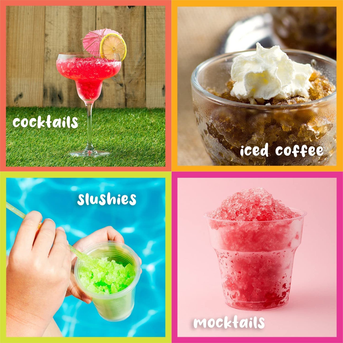A collage of 4 images which features different shaved ice delights. There is text for each picture which says, 'Cocktails, Iced Coffee, Slushies, Mochtails.'