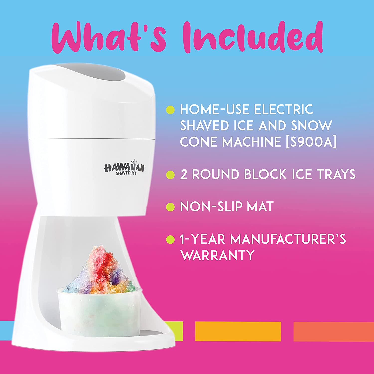 A snow cone and shaved ice machine. There is text which says, 'What's Included: Home use electric shaved ice and snow cone machine, 2 Round block ice trays, Non-slip mat, 1 year manufactures warranty.'