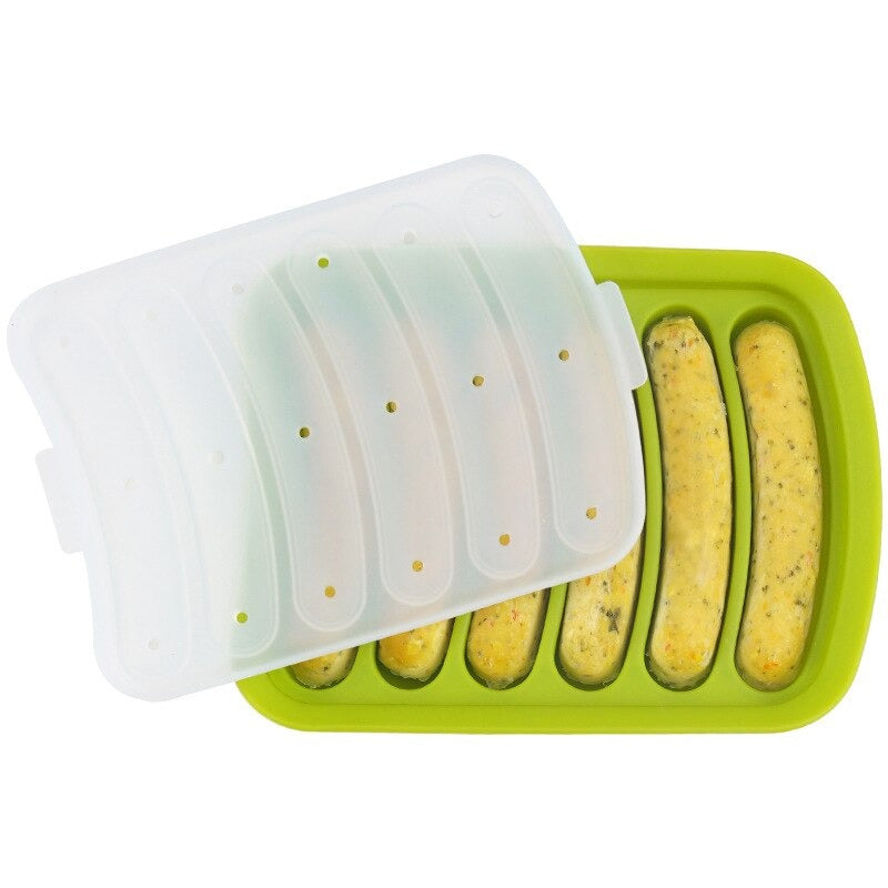 A green sausage mold maker and lid with 6 cooked sausages in the mold on a white background.