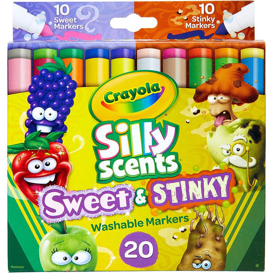 A box of silly scents sweet and stinks washable markers made by Crayola.