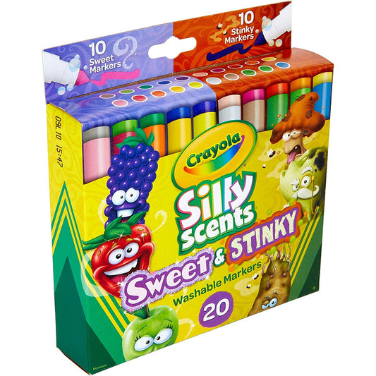 A box of Crayola silly scents sweet and stinky markers featuring pleasant and unpleasant smelly markers.