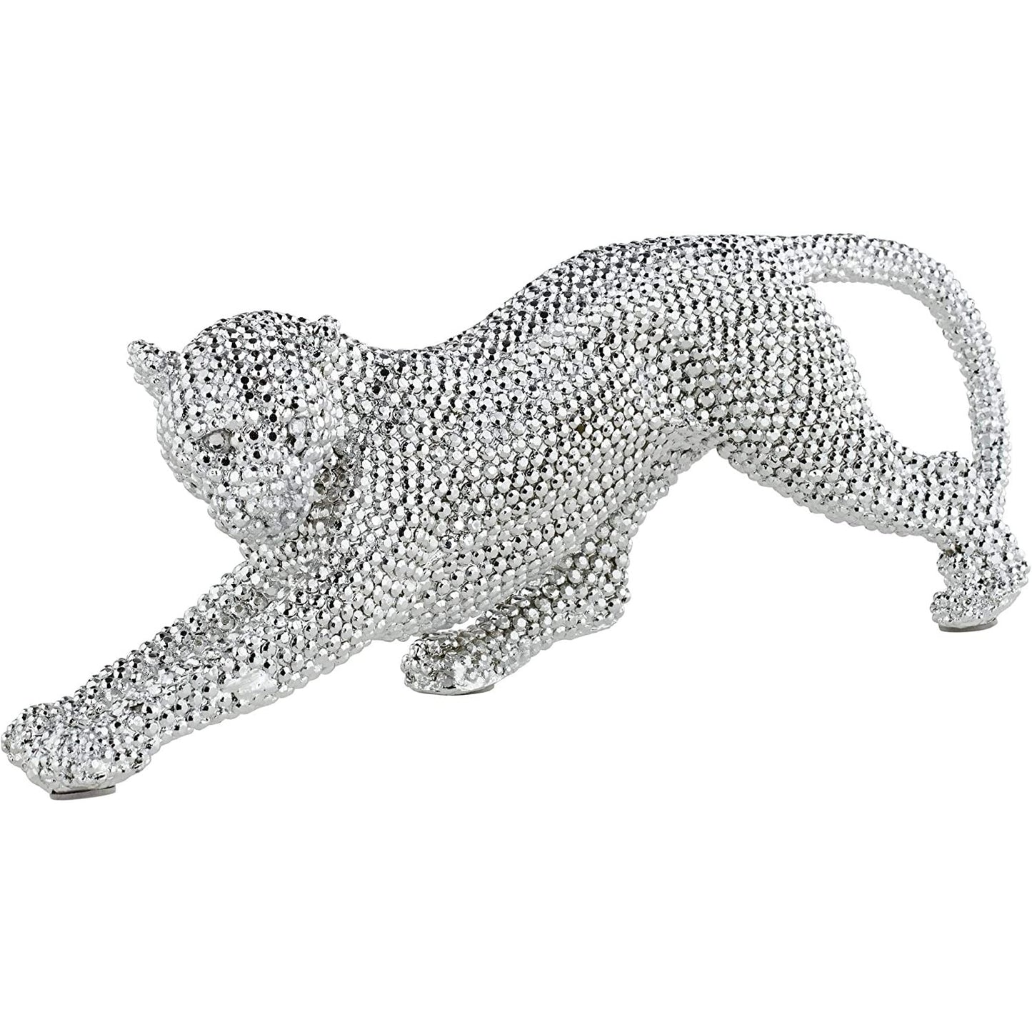 A silver colored decorative leopard in a prowling position.