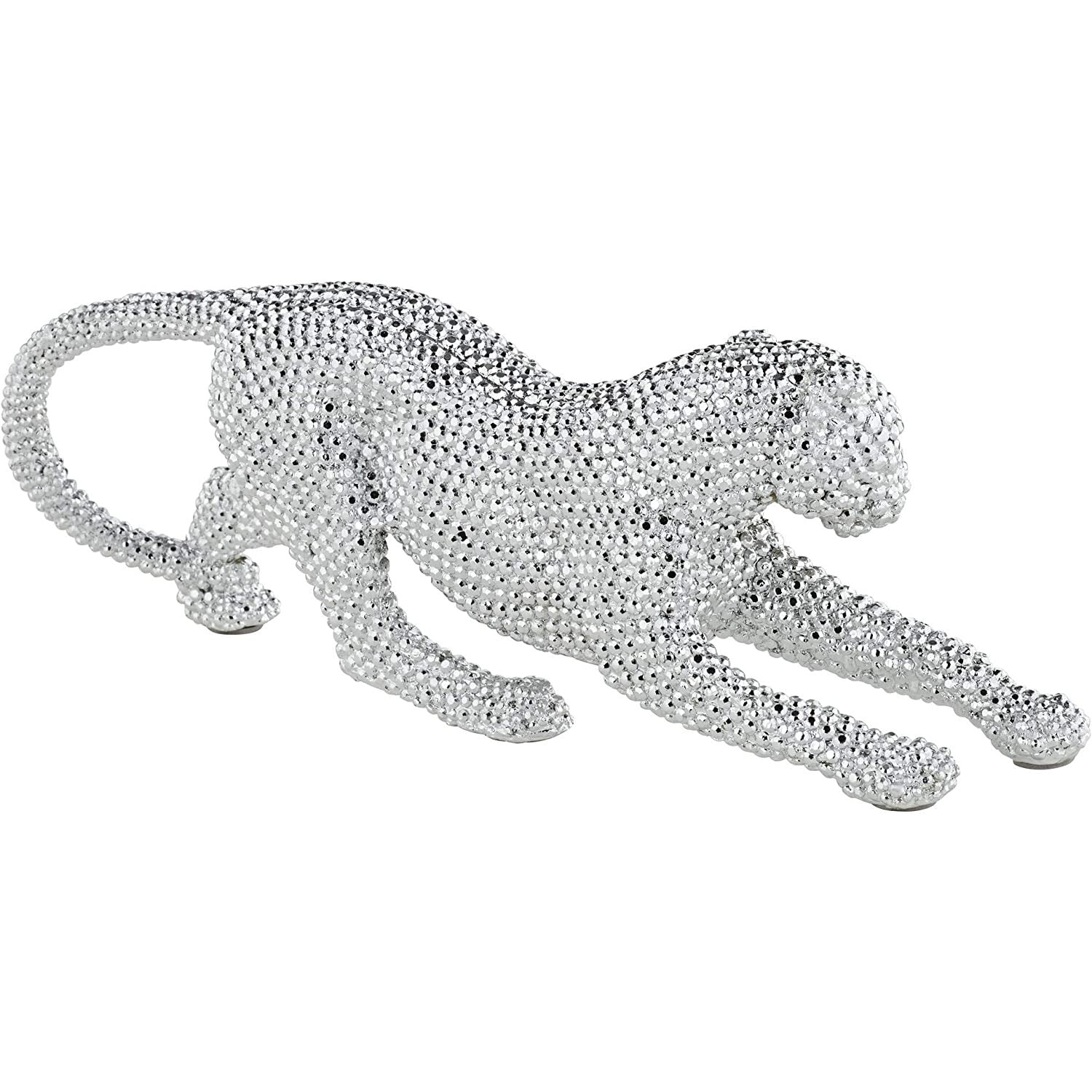 A silver sculpture of a prowling leopard.
