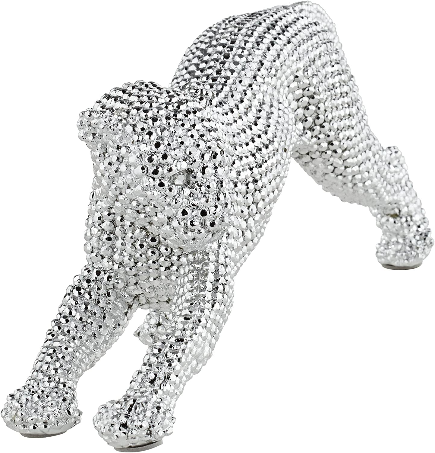 A silver sculpture of a leopard in a prowling pose.