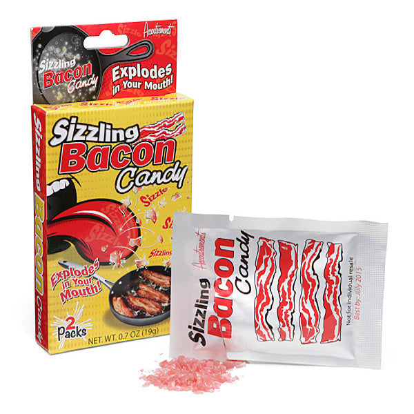 Sizzling Bacon Candy novelty box with packets of bacon-flavored popping candy