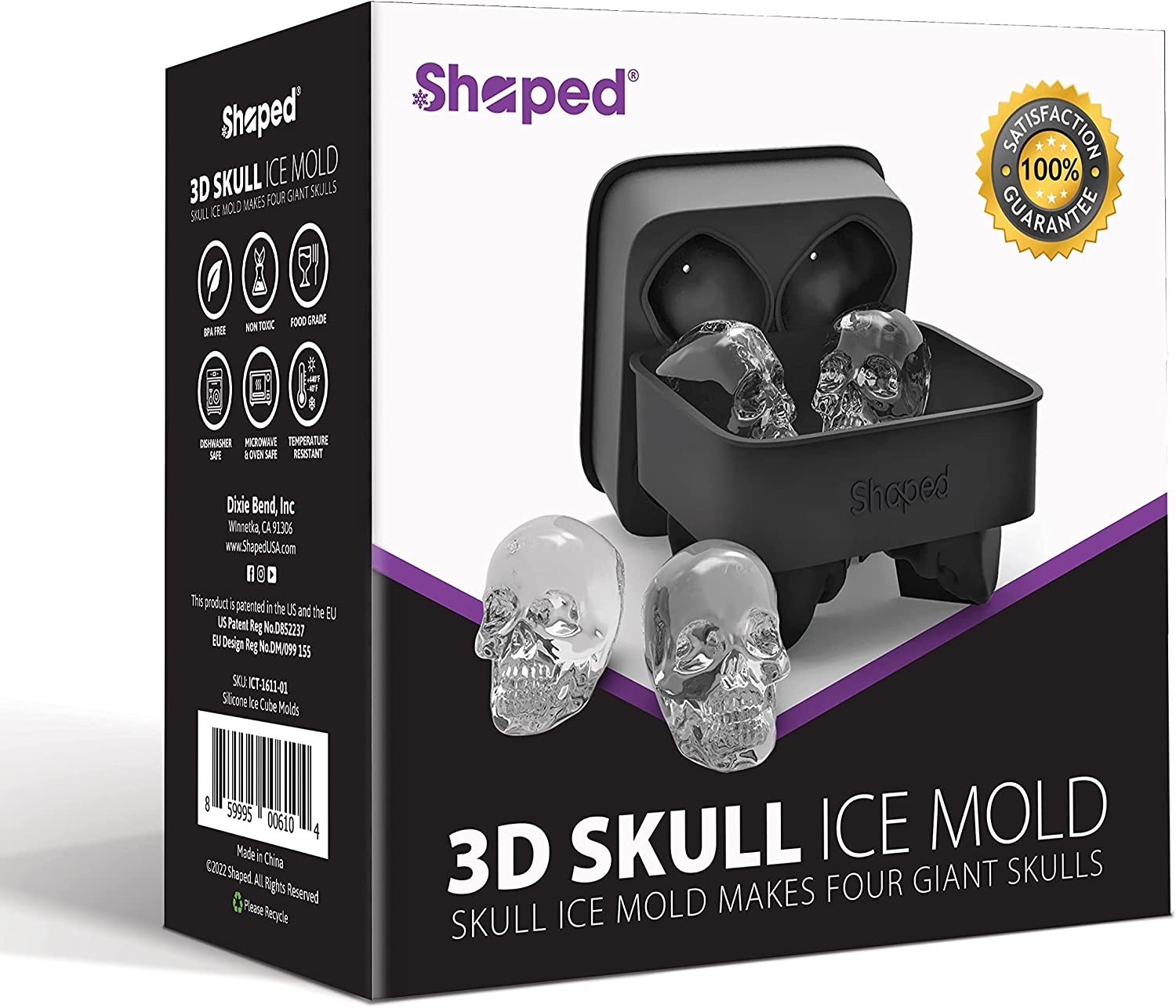 The box and packaging for the 3D skull ice cube mold maker. There is text which reads, "Skull ice mold makes four giant skulls."