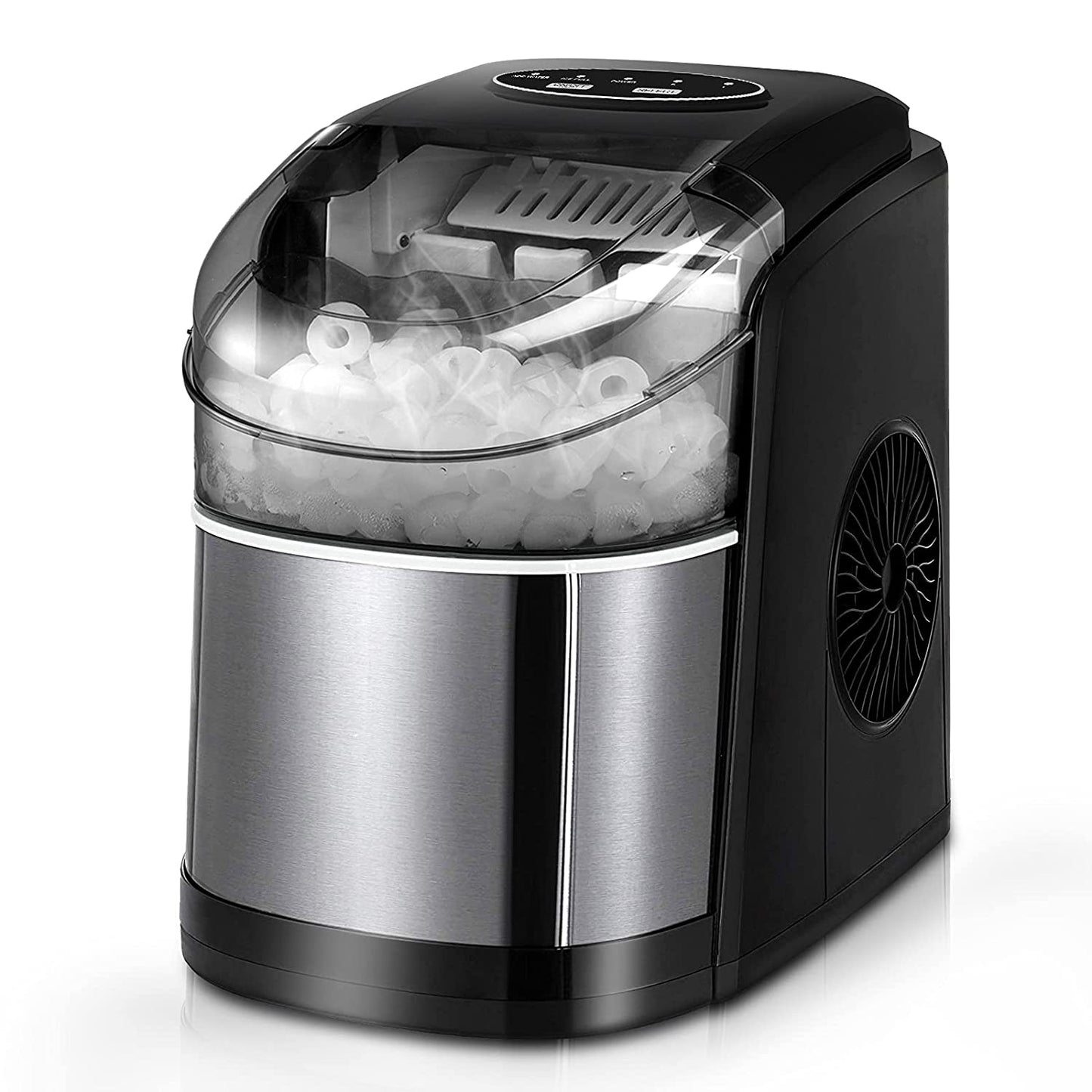 A black and silver ice making machine filled with ice.