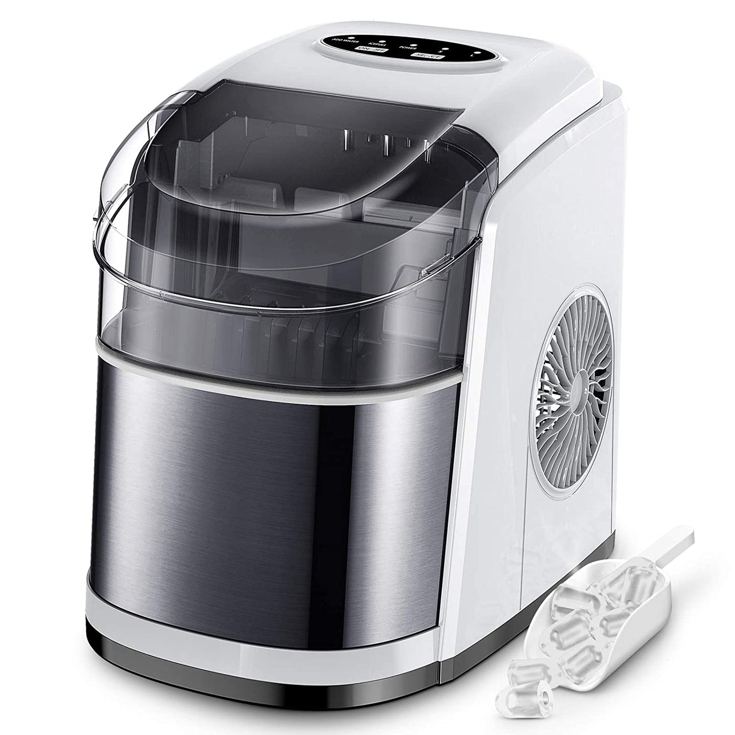 A white and chrome ice maker with a white ice scooper next to the machine.