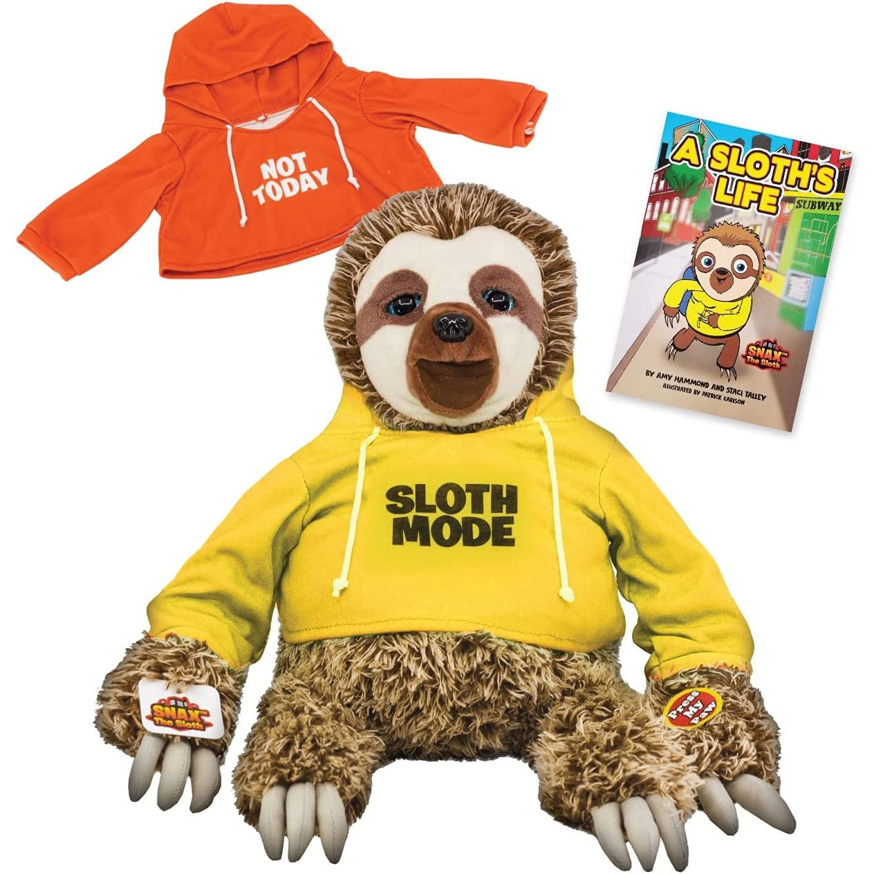 A sloth plush toy wearing a yellow tshirt which says 'sloth mode'. The sloth also comes with an additional red sweatshirt and a bonus book.