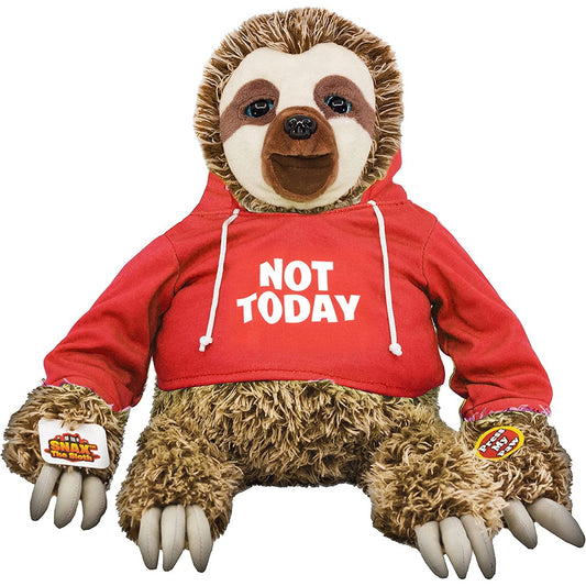 A talking sloth toy wearing a red sweatshirt which says, 'Not today'.