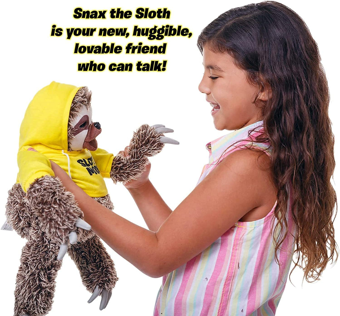 A child is holding a sloth plush toy. There is text which reads, 'Snax the sloth is your new, huggable, lovable friend who can talk.'