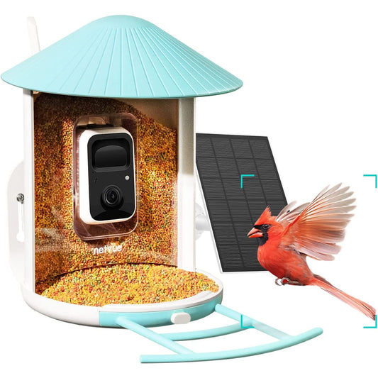 A smart bird feeder with a camera. There is a bright red bird about to land on the feeder which is filled with food. There is a camera in the centre of the feeder itself.