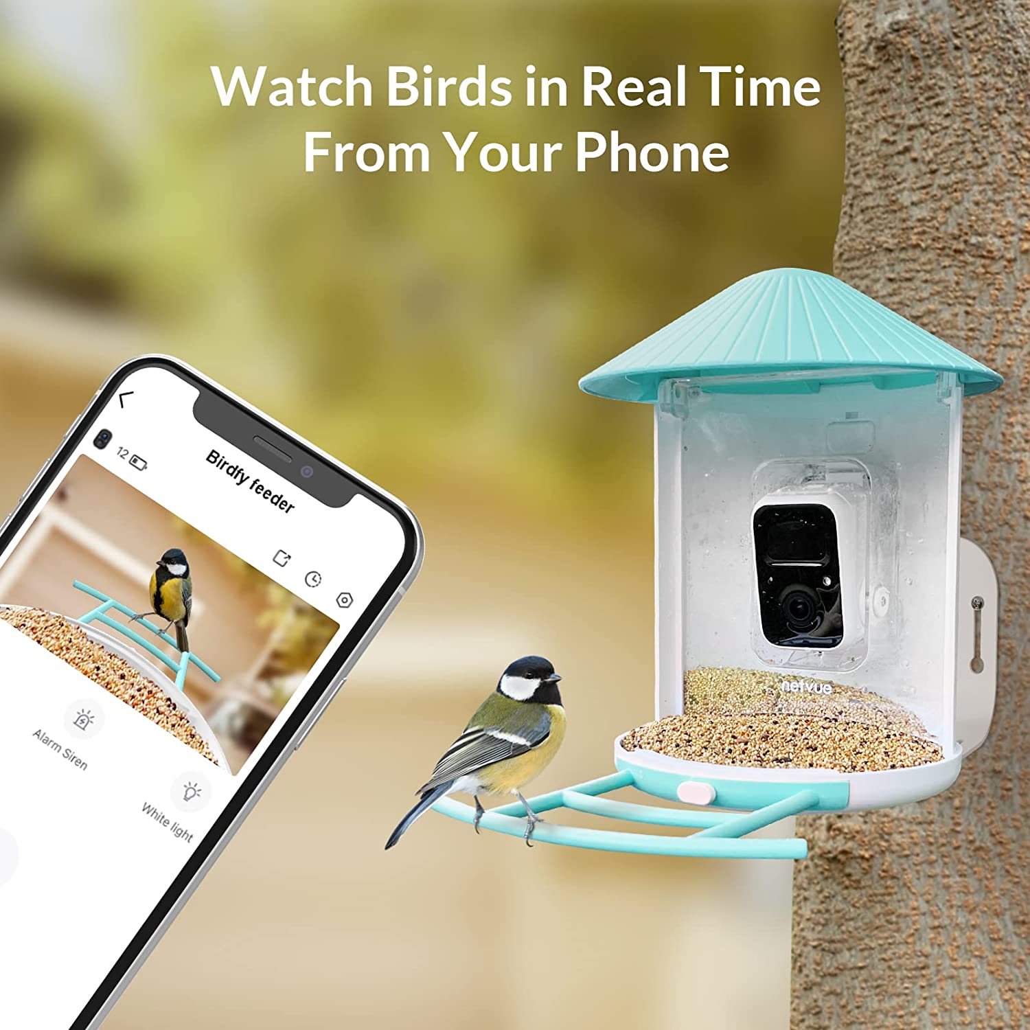 A smart bird feeder attached to a tree. There is another image of a cell phone showing the captured image. There is text which says, 'Watch birds in real time from your phone.'
