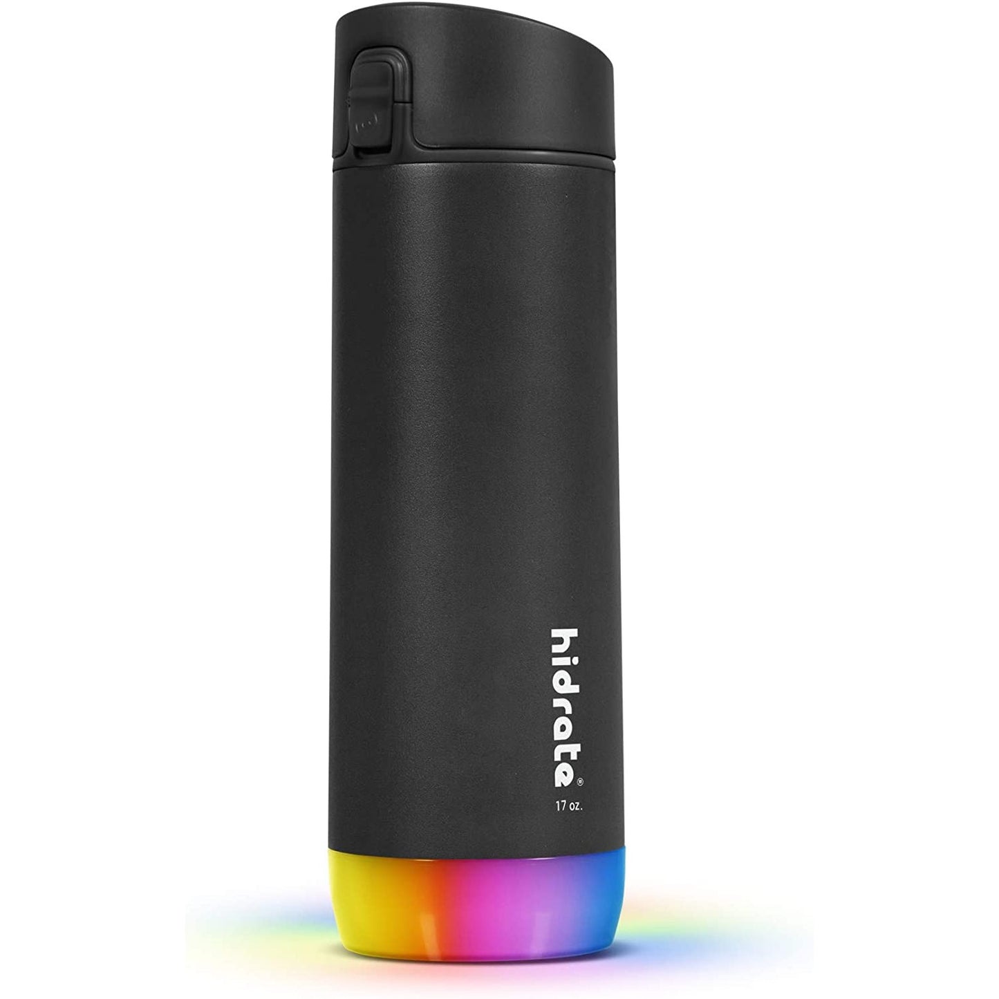A black Hidrate smart water bottle with a glowing base to remind you to drink more water.