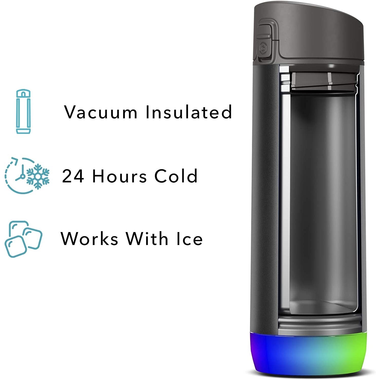 A smart water bottle by Hidrate with a glowing base. The text reads, "Vacuum insulated, 24 hours cold, works with ice