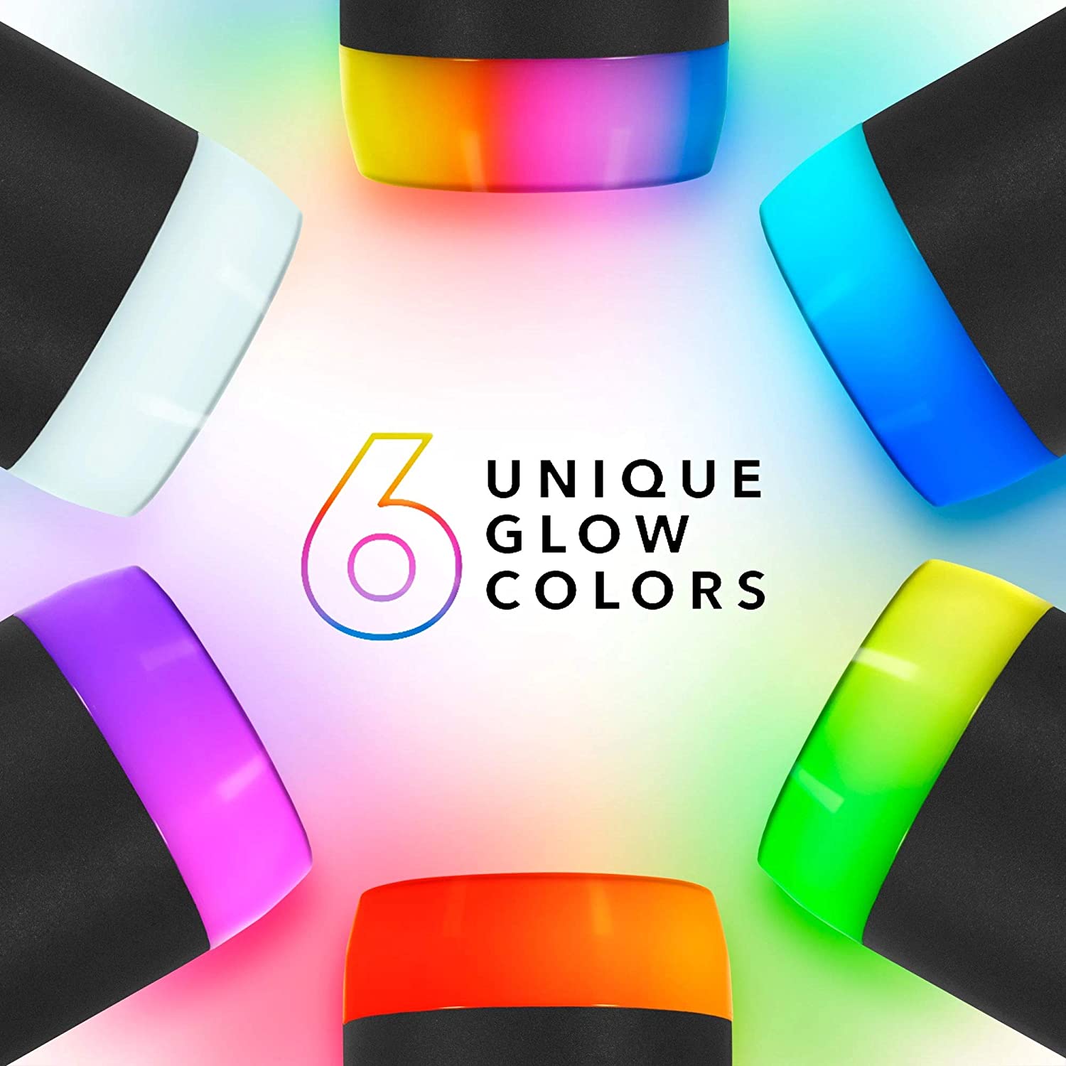 Six colorful glowing smart water bottle bases. There is text which reads, "6 unique glow colors".