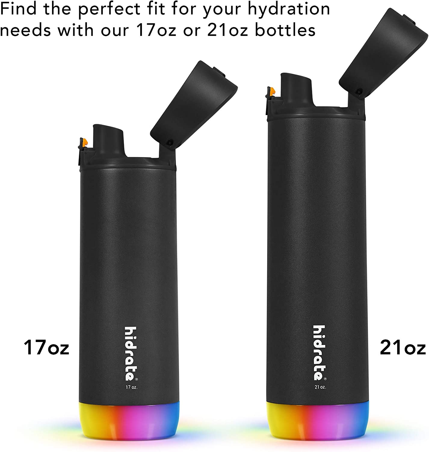 Two black Hidrate smart water bottles, one small and one large. The text reads, "Find the perfect fit for your hydration needs with our 17oz or 21oz bottles".