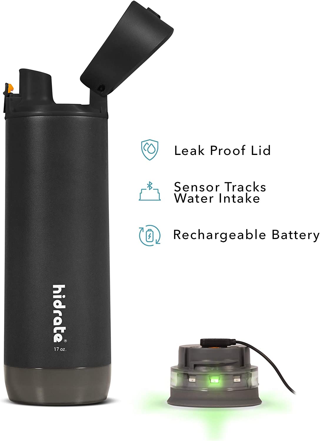 A Hidrate smart water bottle with text that reads, "Leak proof lid, sensor tracks water intake, rechargable battery."