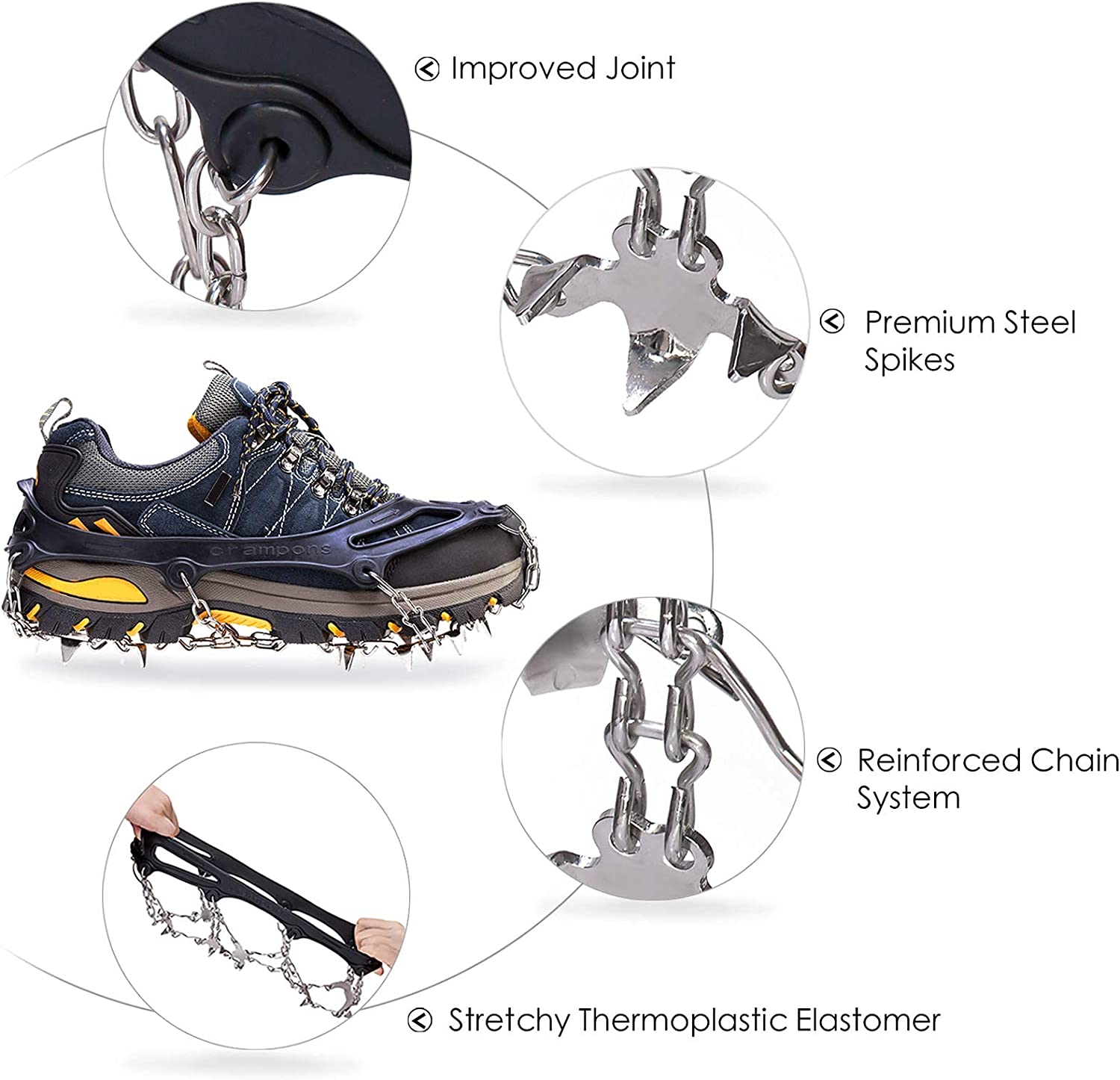 Detailed product features for crampons. The text reads, 'Improved joint, premium steel spikes, reinforced chain system, stretchy thermoplastic elastomer.'