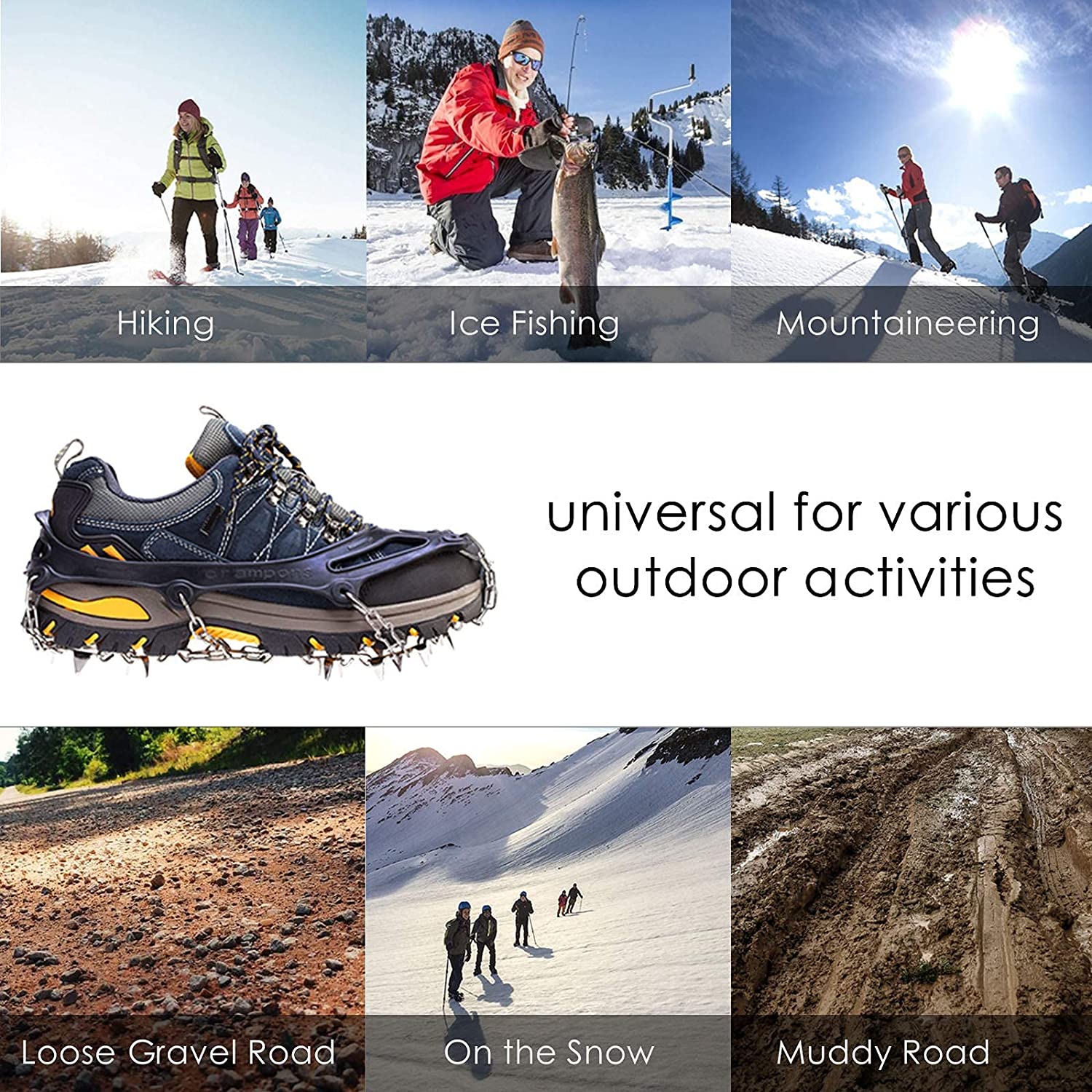 A collage of various images of people in the snow. In the centre of the image is a shoe with a snow grip attached to the sole. The text reads, 'Universal for various outdoor activities.'