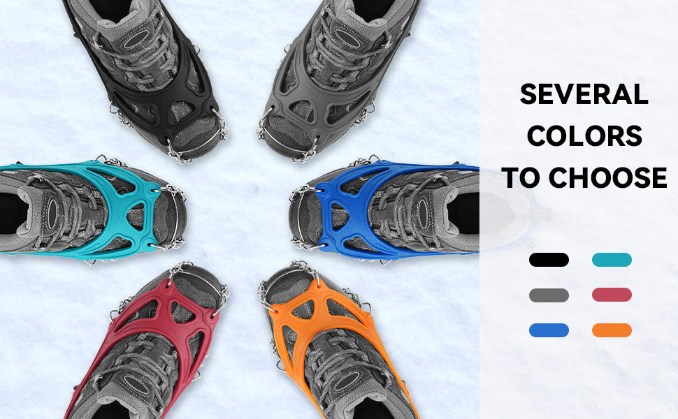 6 pairs of shoes in the snow which all have crampons attached to the base of them in different colors. The text reads, 'Several colors to choose.'